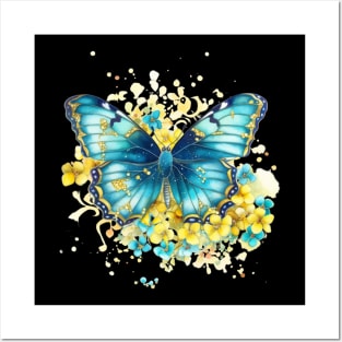 Blue and Gold Butterfly with Flowers Posters and Art